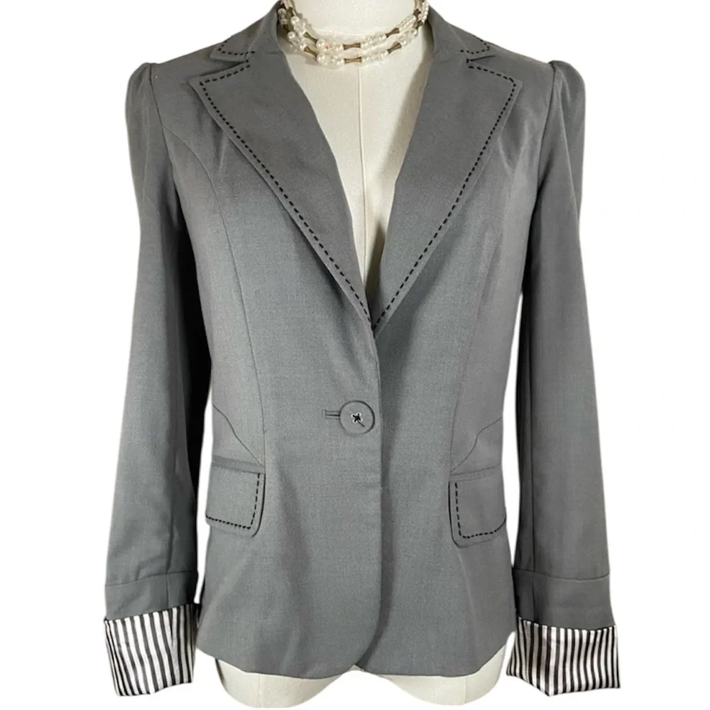 Vintage Candies Gray Cropped Satin Pinstripe Cuffs Blazer Y2K Size Medium - Picture 10 of 10